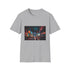 Charcoal cotton crew neck T-shirt featuring vibrant city night scene design