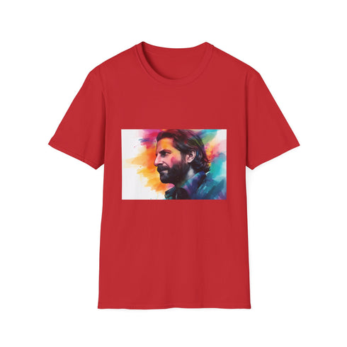 Charcoal cotton crew neck T-shirt with vibrant Bradley Cooper watercolor design
