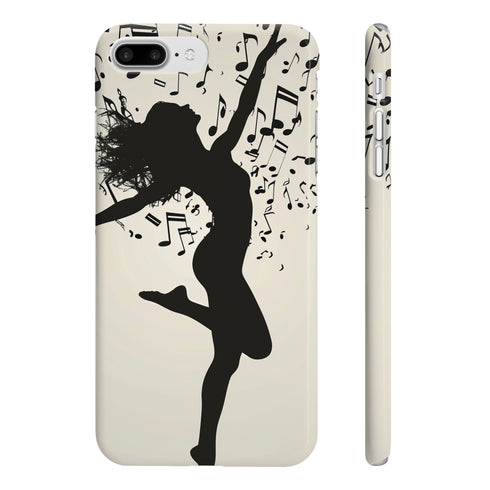 Musical silhouette phone case with dancing notes, glossy finish.