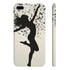 Musical silhouette phone case with dancing notes, glossy finish.