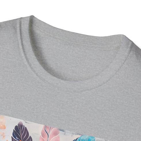 Charcoal cotton t-shirt with vibrant bohemian feather design for summer adventures