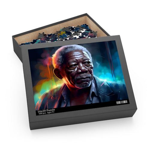 Vibrant watercolor Morgan Freeman puzzle in neon tones, 10" x 8".