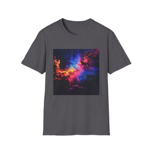 Glowing charcoal t-shirt with neon space galaxy design on soft cotton fabric