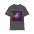 Glowing charcoal t-shirt with neon space galaxy design on soft cotton fabric