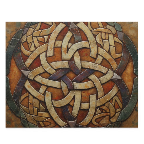 Intricate Celtic knot jigsaw puzzle with vibrant colors and intricate patterns.