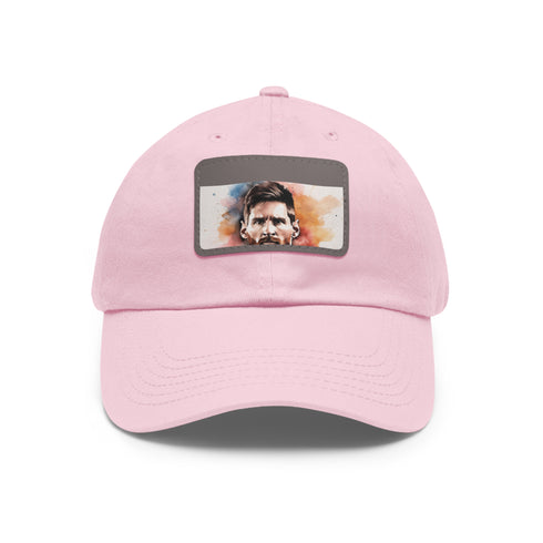 White cotton baseball hat with Lionel Messi player logo - rectangle shape.