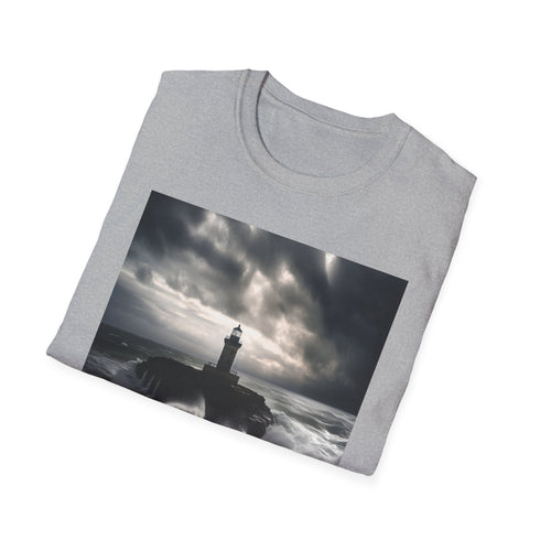Charcoal cotton T-shirt with resilient lighthouse graphic in crew neck style