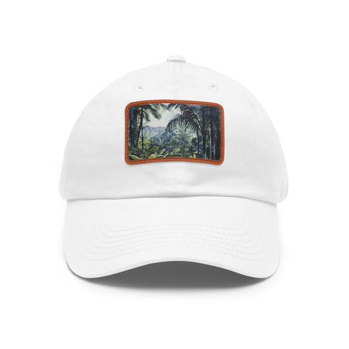 Rainforest watercolor hat in white with light brown patch.