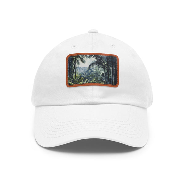 Rainforest watercolor hat in white with light brown patch.