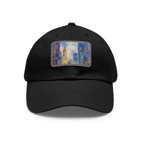 Chicago Skyline Watercolor Cap in White with Light Brown Patch.