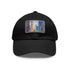 White Chicago skyline watercolor baseball cap with light brown patch.