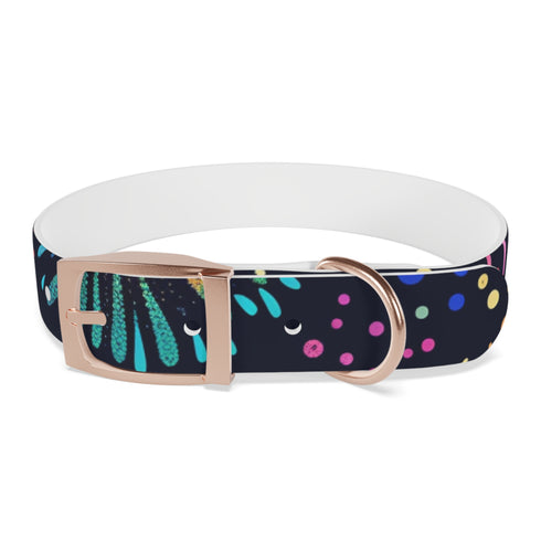 Vibrant M black onyx dog collar with festive fireworks pattern.