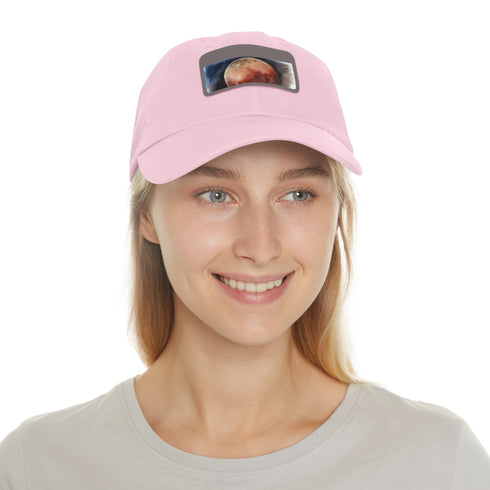 White cotton baseball cap with Mars watercolor design and light brown patch.