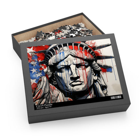 Colorful American flag puzzle with unique line drawing splash of color.
