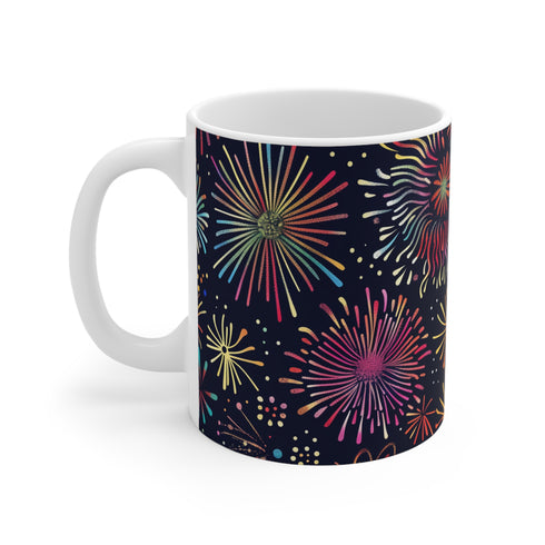 Colorful seamless fireworks pattern ceramic mug for coffee lovers.