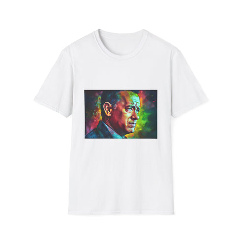 Graphic charcoal T-shirt featuring vibrant neon Tom Hanks in cotton crew neck