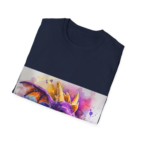 Colorful watercolor Spyro tee, cotton crew neck, Dragon gaming fantasy.
