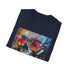 Charcoal cotton crew neck t-shirt featuring vibrant urban art design