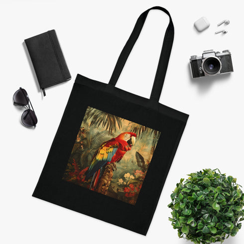Colorful tropical parrot Jungle Vibes Tote Bag in black cotton fabric.