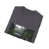 Charcoal cotton crew neck T-shirt with vibrant tropical paradise design