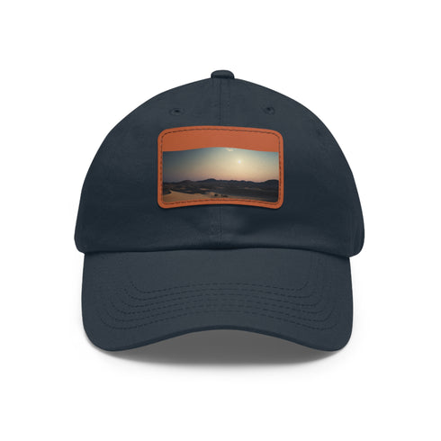 White cotton baseball cap featuring a full moon over desert sand dunes.