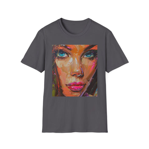 Charcoal crew neck cotton T-shirt with vibrant Barbie portrait painting