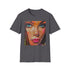 Charcoal crew neck cotton T-shirt with vibrant Barbie portrait painting