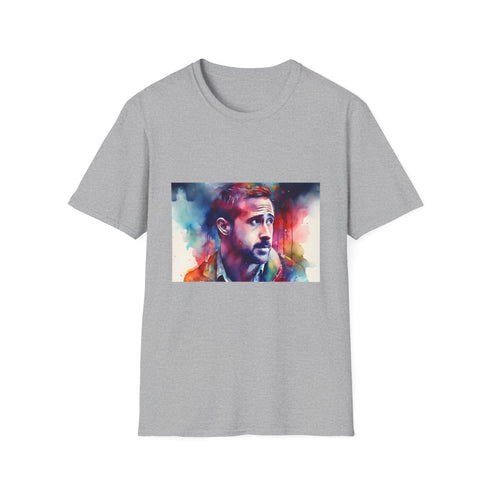 Charcoal cotton crew neck T-shirt featuring vibrant watercolor neon design