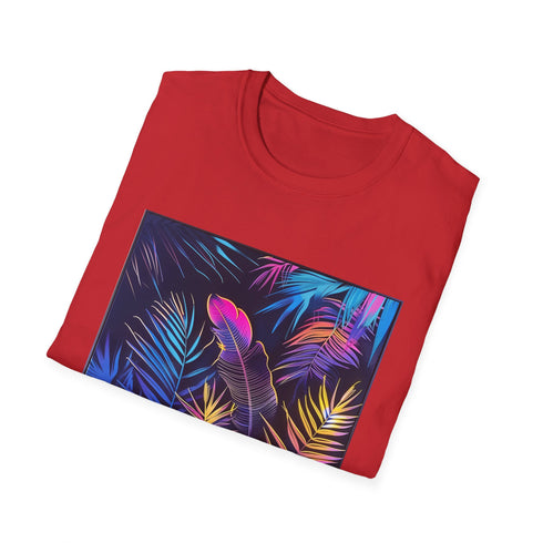 Charcoal cotton T-shirt with neon tropical palm tree graphic