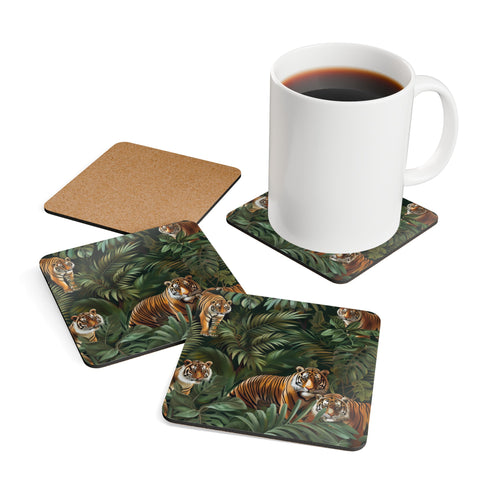 Square Jungle Safari Tiger Coaster Set in Corkwood for Kitchen Accessories.