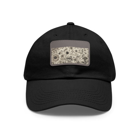 White cotton baseball cap with intricate botanical illustrations.