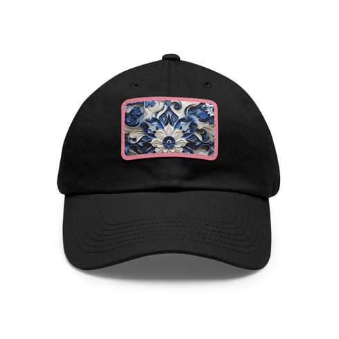 Stylish midnight blue baseball cap with cerulean texture and light brown patch.