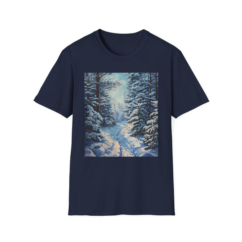 Charcoal crew neck t-shirt with winter wonderland painting in ethereal hues