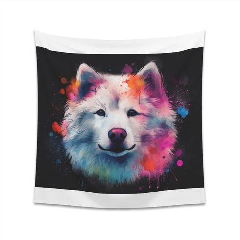 Snowy Smiles: Samoyed Tapestry - Heartwarming design capturing the joy of a fluffy white Samoyed, perfect for dog lovers and gifts, high-quality material, available in two sizes | Prints with Passion