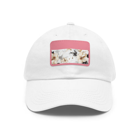 White cotton baseball cap with botanical x-ray blossom design.