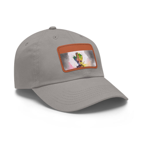 Neon watercolor Baby Groot baseball cap with light brown patch.