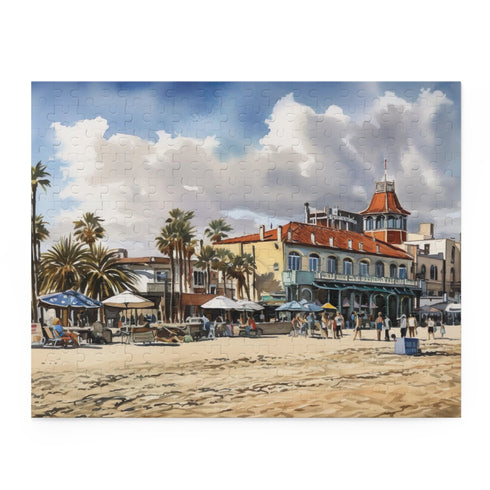 Vibrant Venice Beach jigsaw puzzle with colorful buildings, palm trees, and bustling crowds