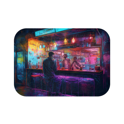 Neon Nights Bath Mat with vibrant watercolor urban design.