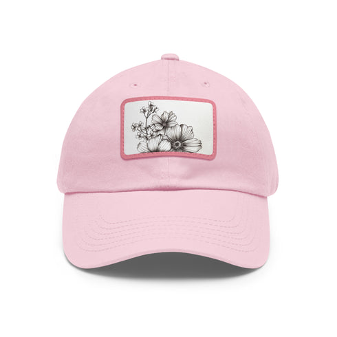 Hand-drawn floral white baseball cap with light brown patch.