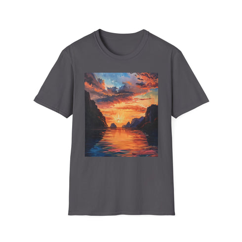 Charcoal cotton T-shirt featuring ethereal El Nido sunset painting with vibrant hues