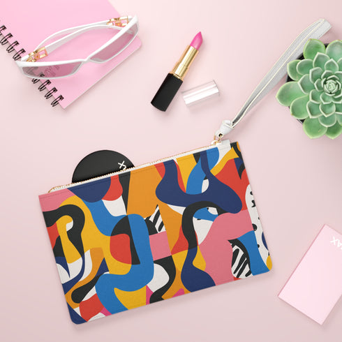 Bright abstract vegan clutch bag, modern seamless pattern, bold statement accessory.