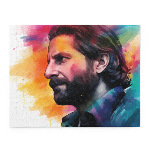 Vibrant neon Bradley Cooper watercolor puzzle with stunning hues.