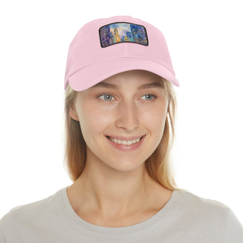 Chicago skyline watercolor cap with white/light brown patch and rectangular shape.
