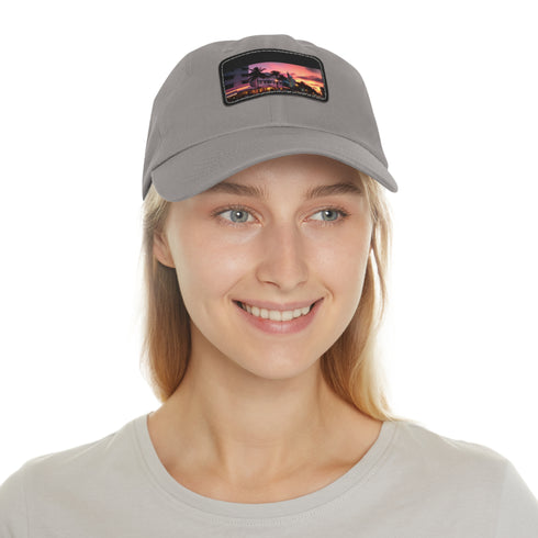 Miami sunset horizon baseball cap in white with light brown patch.