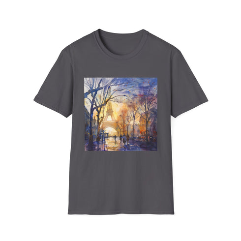 Eiffel Tower watercolor t-shirt in charcoal shade, small size.
