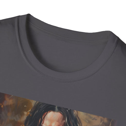 Charcoal graphic tee capturing Severus Snape's enigmatic journey through vibrant hues.