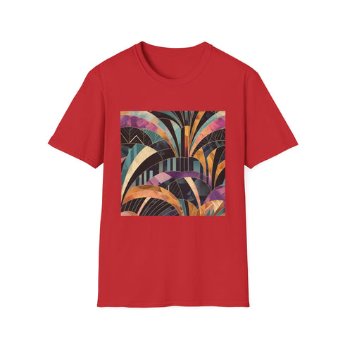 Charcoal art deco t-shirt with vibrant abstract patterns and crew neck design
