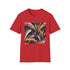 Charcoal art deco t-shirt with vibrant abstract patterns and crew neck design