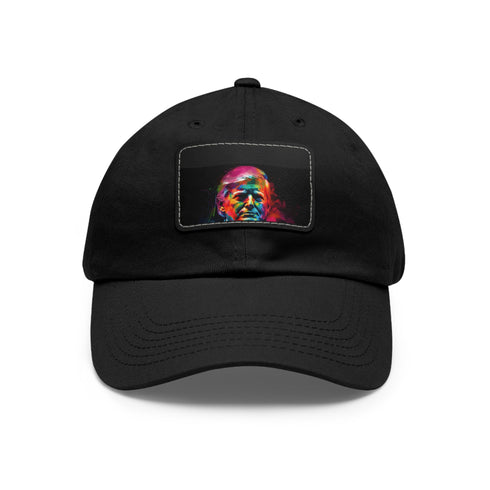 Neon watercolor Trump baseball hat with light brown patch.