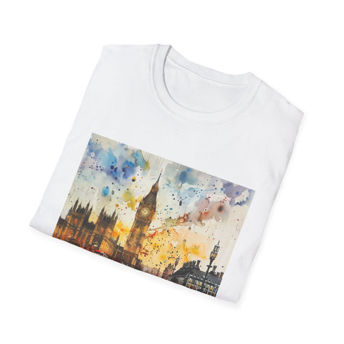 Charcoal cotton t-shirt featuring Big Ben watercolor design evokes London's charm